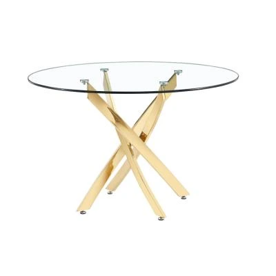 שולחן עגול לפינת אוכל זכוכית עגול 120 ס"מ עם רגליים מוזהבות דגם נאפולי