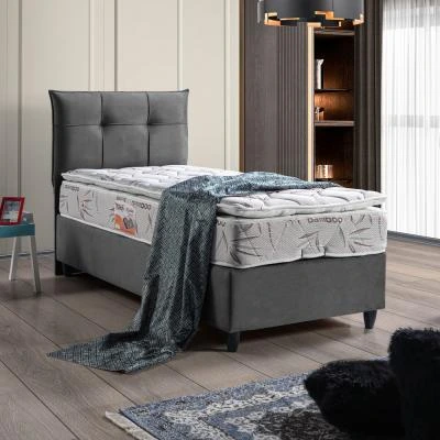 מיטת יחיד 90x190 בריפוד בד קטיפתי עם ארגז מצעים גוון אפור דגם ניקול