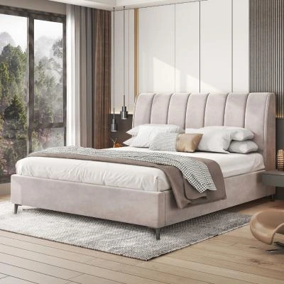 מיטה זוגית מעוצבת בריפוד בד רחיץ עם ארגז מצעים מעץ דגם אליזבט